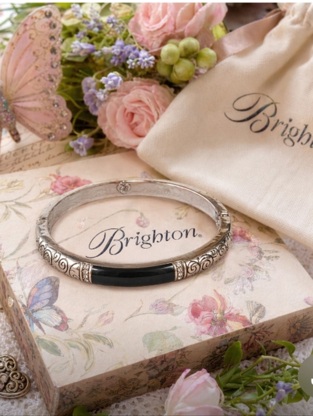 Brighton Wiltern Hinged Bangle Bracelet Silver Black Enamel Rhinestone Magnetic